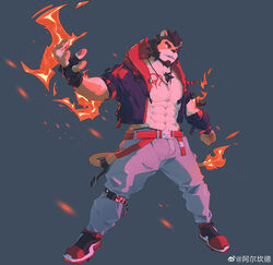  1boy abs absurdres alca_(wakatanka4) alca_the_lion animal_ears bara beard belt black_hair bulge chest_hair chest_tattoo commission facial_hair fire full_body furry furry_male gyee highres hood hood_down hooded_jacket jacket jewelry large_pectorals lion_boy lion_ears lion_tail male_focus mature_male muscular muscular_male navel necklace open_clothes open_jacket original outofmind_fadai pectoral_cleavage pectorals pyrokinesis red_belt red_eyes shoes short_hair sneakers solo stomach tail tattoo thick_eyebrows tooth_necklace 