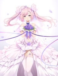  :3 absurdres ahoge azur_lane bare_shoulders blue_ribbon blush bouquet breasts bride butterfly_hair_ornament chinese_commentary choker closed_mouth commentary_request cowboy_shot dress female floating_hair garter_straps gloves hair_between_eyes hair_ornament head_tilt highres holding holding_bouquet kanon_(sinto) long_hair looking_at_viewer navel pink_hair purple_eyes ribbon ribbon_choker saratoga_(azur_lane) sidelocks simple_background skindentation small_breasts smile solo standing strapless strapless_dress thighhighs tiara twintails wedding_dress white_background white_dress white_gloves white_thighhighs 