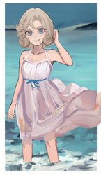  bare_shoulders blonde_hair blue_eyes blush border day dress eyelashes female grin highres janus_(kancolle) kantai_collection kkkhosuke ocean outdoors parted_bangs short_hair sky sleeveless sleeveless_dress smile solo sundress wading water white_border white_dress 