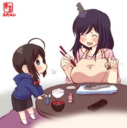  2girls aged_down ahoge apron artist_logo black_hair blue_eyes blue_hoodie blush bow bowl braid brown_hair chopstick_rest chopsticks closed_eyes collarbone commentary_request controller dated fish fish_bone food hair_ornament hair_over_shoulder hairbow highres holding holding_chopsticks hood hood_down hoodie kanon_(kurogane_knights) kantai_collection long_sleeves miso_soup multiple_girls open_mouth pink_shirt red_bow remote_control rice rice_bowl saury shigure_(kancolle) shirt short_hair signature single_braid smile socks soup white_legwear yamashiro_(kancolle) 