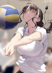  3girls black_hair blurry blurry_background blush breasts bump_(volleyball) closed_eyes closed_mouth commentary_request ear_piercing jonsun large_breasts long_hair mami_(jonsun) mole mole_under_eye multiple_girls original own_hands_together piercing riku_(jonsun) shirt short_sleeves solo_focus tied_hair upper_body volleyball whistle white_shirt 