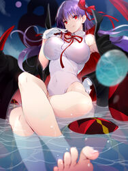  bare_shoulders barefoot bat_wings bb_(fate) bb_(swimsuit_mooncancer)_(fate) bb_(swimsuit_mooncancer)_(third_ascension)_(fate) black_coat blurry blurry_foreground breasts coat corruption crossed_legs dark_persona depth_of_field fate/grand_order fate_(series) feet female foreshortening gloves hair_ribbon highleg highleg_leotard highres large_breasts leotard long_hair looking_at_viewer matou_sakura neck_ribbon nyarlathotep open_clothes open_coat popped_collar possessed purple_hair red_eyes red_ribbon ribbon smile solo thighs toes tongue tongue_out vane_(vane0) very_long_hair water white_gloves white_leotard wings 