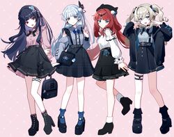  4girls :d alternate_costume arm_behind_back arms_behind_back backpack bag barbara_(genshin_impact) bare_legs black_choker black_footwear black_hairband black_horns black_jacket black_ribbon black_skirt black_socks black_straps blonde_hair blue_eyes blue_flower blue_hair blue_ribbon blue_socks blunt_bangs blunt_tresses blush boots braid center_frills choker choppy_bangs collared_shirt commentary_request curly_hair detached_sleeves dot_nose fake_horns flower foot_up frilled_shirt frilled_shirt_collar frills from_side full_body genshin_impact grey_shirt grey_sleeves hair_between_eyes hair_flower hair_ornament hair_ribbon hairband hairclip hand_in_own_hair hands_up head_tilt heart high-waist_skirt high_heel_boots high_heels highres holding_own_arm horns jacket jirai_kei kamisato_ayaka leather_strap long_hair long_sleeves looking_at_viewer md5_mismatch multiple_girls neck_ribbon nilou_(genshin_impact) open_clothes open_jacket open_mouth outstretched_hand own_hands_together pink_background pink_shirt pink_socks plaid plaid_skirt platform_footwear platform_heels pleated_skirt pom_pom_(clothes) pom_pom_hair_ornament purple_hair red_hair ribbon shirt shirt_tucked_in sidelocks simple_background skirt sleeveless sleeveless_shirt smile socks strap_slip suspender_skirt suspenders swept_bangs thigh_strap thighs twintails utori_(tanakautori) variant_set white_shirt white_sleeves x_hair_ornament yun_jin_(genshin_impact) 