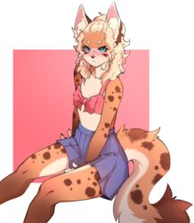  anthro blonde_hair blue_eyes bottomwear breasts brown_body clothing curls felid feline female hair long_tail mammal mary_(mojaloo) midriff mojaloo skirt small_breasts solo tail 