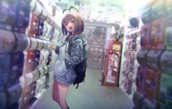  atm backpack bag blurry brown_hair chromatic_aberration commentary_request depth_of_field despicable_me electric_fan eva_mashiro eva_mashiro_(vtuber) feet_out_of_frame female gashapon grey_hoodie hand_in_pocket head_tilt highres hood hood_down hoodie indie_virtual_youtuber indoors long_sleeves looking_at_viewer minion_(despicable_me) open_mouth pointing short_hair smile soft_focus solo sprout standing virtual_youtuber yellow_eyes 