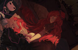  bed black_dress character_doll commentary_request cross doll dress dutch_angle erze_(king&#039;s_raid) female fingernails flower hair_flower hair_ornament headboard highres hime_cut indoors king&#039;s_raid lips long_hair on_bed photoshop_(medium) pillow red_eyes red_hair rose sharp_fingernails solo spongeman9214 string string_of_fate sunlight very_long_hair 