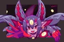  :d artist_name bare_shoulders blush_stickers chaoschao choker colored_sclera commentary desco_(disgaea) disgaea english_commentary extra_eyes female fourth_wall gloves hair_between_eyes horns jingle_bell_earrings jitome makai_senki_disgaea_4 open_mouth pointy_ears purple_choker purple_hair purple_sleeves reaching reaching_towards_viewer red_eyes red_gloves red_horns sharp_teeth short_hair slit_pupils smile solo teeth tentacle upper_body upper_teeth_only yellow_sclera 