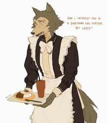  2021 anthro beastars beverage blocky_snout canid canine canis cliomet clothed clothing container crossdressing cup cutlery dialogue egg english_text food hi_res holding_object kitchen_utensils legoshi_(beastars) looking_at_viewer maid_uniform male mammal meme platter serving serving_beverage serving_food simple_background snout solo spoon standing straw_(disambiguation) talking_to_viewer text tools uniform url waiter white_background wolf working 