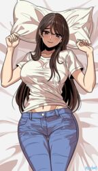  artist_name beautiful_gunbari blue_pants breasts brown_eyes brown_hair female large_breasts long_hair looking_at_viewer lying marheit maria_(beautiful_gunbari) midriff_peek navel on_back pants pillow pillow_grab shirt short_sleeves smile solo very_long_hair white_shirt 