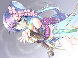  arm_warmers blowing blue_eyes blue_hair blue_scarf blue_shorts bow_hairband cryokinesis deni_m eyelashes female flower hair_flower hair_ornament hairband holding holding_sword holding_weapon kousetsu_samonji_(tenka_hyakken) light_blue_hair parted_lips rope scarf sheath shimenawa shorts side_ponytail sidelocks sleeveless solo sword tachi_(weapon) tenka_hyakken waist_cape weapon 