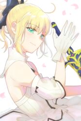  aqua_eyes artoria_pendragon_(fate) black_bow blonde_hair bow closed_mouth commentary_request detached_collar detached_sleeves fate/unlimited_codes fate_(series) female floating_hair gloves hair_between_eyes hairbow highres holding holding_sword holding_weapon ponytail saber_lily shayubi shield short_hair short_sleeves skirt skirt_set solo strapless sword upper_body weapon white_background white_gloves white_skirt white_sleeves 