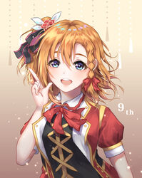  :d blonde_hair blue_eyes bokura_no_live_kimi_to_no_life bow bowtie braid commentary_request female floating_hair hair_between_eyes hairbow highres index_finger_raised jacket kosaka_honoka long_hair looking_at_viewer love_live! love_live!_school_idol_project one_side_up open_clothes open_jacket open_mouth red_bow red_bowtie red_jacket short_sleeves side_braid single_braid smile solo unnik upper_body 