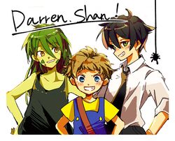  3boys black_hair blue_eyes brown_hair bug colored_skin commentary_request darren_shan eno_(enokanotan) evra_von freckles green_eyes green_hair green_skin highres long_hair monster_boy multiple_boys necktie sam_grest scales short_hair smile spider suspenders tank_top the_saga_of_darren_shan yellow_eyes 