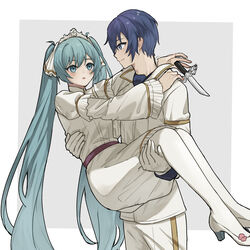  1boy absurdres aqua_eyes aqua_hair azuki_nako bad_id bad_pixiv_id blue_eyes blue_hair carrying cendrillon_(vocaloid) crown dagger dress female hatsune_miku highres kaito_(vocaloid) knife long_sleeves parted_lips princess_carry simple_background smile twintails vocaloid weapon white_dress 