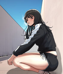  absurdres beautiful_gunbari black_hair black_jacket black_shorts brown_eyes chilong_(heronas) female highres im-dana jacket long_hair long_sleeves looking_at_viewer midriff outdoors short_shorts shorts smoking socks squatting white_socks 