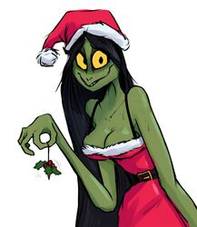  1girls black_hair breasts christmas cleavage color green_skin holly_(plant) keadonger long_hair mistletoe monster monster_girl santa_hat scp-811 scp_foundation smile yellow_sclera 