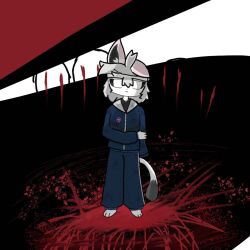  blood blood_splatter bloodshot_eyes bodily_fluids bullying clothing creepy_face dark domestic_cat felid feline felis female helpless humanoid jiangter mammal panra question sad scary school school_bullying school_uniform shadow standing student uniform 