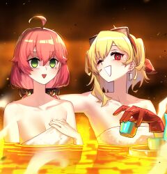  2girls ;d absurdres adarin ahoge bathing blonde_hair blurry blurry_background bright_pupils commentary cup earrings english_commentary eyewear_on_head green_eyes grin hairband highres holding holding_cup hololive hololive_indonesia jewelry kaela_kovalskia lava long_hair looking_at_viewer low_twintails medium_hair multiple_girls naked_towel one_eye_closed partially_submerged pink_hair red_eyes red_hairband sakura_miko scared single_sidelock smile towel twintails virtual_youtuber white_pupils 