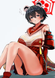  animal_ears armor black_eyes black_hair blue_archive blush breast_curtain breasts commentary_request elbow_gloves female gloves hair_between_eyes halo hey_taisyou highres japanese_armor japanese_clothes large_breasts parted_lips red_gloves red_sash sailor_collar sash short_hair simple_background sitting skindentation sleeveless solo tassel tsubaki_(blue_archive) 