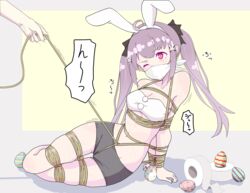  absurdres animal_ears bare_shoulders blush bondage bound breasts cloth_gag collarbone colored_sclera easter_egg egg english_commentary fake_animal_ears female full_body gag gagged glaring hand_on_floor highres improvised_gag olivia_(tiedtiki) original over_the_nose_gag purple_hair rabbit_ears rape red_eyes sitting small_breasts sound_effects struggling tied_up_(nonsexual) tiedtiki twintails 