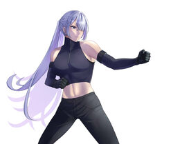  ak-15_(girls&#039;_frontline) bare_shoulders black_gloves black_pants black_tank_top braid breasts closed_mouth collarbone crop_top elbow_gloves feet_out_of_frame female girls&#039;_frontline gloves grey_hair highres long_hair looking_away medium_breasts navel pants ponytail purple_eyes reizo_ne side_braid solo standing tank_top white_background 