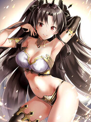  armlet armpits asymmetrical_legwear asymmetrical_sleeves ayakawa_riku bare_shoulders black_hair commentary_request crown detached_sleeves earrings fate/grand_order fate_(series) female hair_ornament hoop_earrings ishtar_(fate) jewelry lips long_hair looking_at_viewer navel parted_lips red_eyes shiny_skin solo uneven_legwear uneven_sleeves 