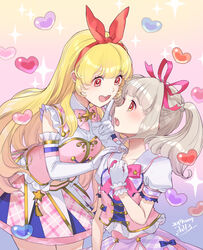  2girls aikatsu! aikatsu!_(series) aikatsu_on_parade! blonde_hair blunt_bangs blush bow brown_eyes cherico commentary dated elbow_gloves finger_to_mouth gasp gloves gradient_background hair_ribbon hairband hairbow hand_on_another&#039;s_shoulder hand_on_own_chest heart highres hoshimiya_ichigo idol idol_clothes kiseki_raki light_brown_hair long_hair multiple_girls open_mouth puffy_short_sleeves puffy_sleeves red_eyes ribbon short_sleeves shushing sidelocks sideways_mouth signature skirt sleeveless smile sparkle_background star_(symbol) teeth twintails upper_teeth_only white_gloves 