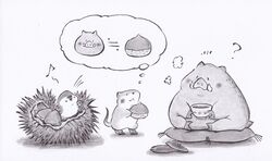  :&lt; :3 ? acorn animal animal_focus bird boar cushion eurasian_tree_sparrow hiraoka_senitsu mouse_(animal) musical_note nest no_humans original shadow simple_background sitting sparrow tea thought_bubble wavy_mouth white_background 