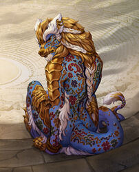  2022 acidapluvia anthro asian_mythology braided_hair day detailed_background digital_media_(artwork) dragon east_asian_mythology eastern_dragon fur furred_dragon furred_scalie hair hi_res looking_at_viewer male mythological_creature mythological_scalie mythology outside scalie sitting solo tail wingless_dragon 