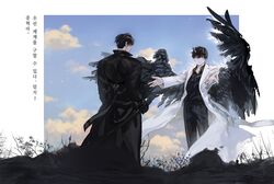  2boys belt black_coat black_gloves black_hair black_horns black_wings closed_eyes closed_mouth cloud cloudy_sky coat collarbone commentary demon_horns feathered_wings flower gloves highres holding holding_sword holding_weapon horns kim_dokja kkxmxx male_focus multiple_boys omniscient_reader&#039;s_viewpoint outdoors outstretched_arms plant shirt_tucked_in sky smile spoilers spread_arms standing sword symbol-only_commentary torn torn_clothes torn_coat weapon white_coat wings yoo_joonghyuk 