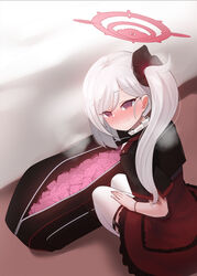  bag bed black_shirt blue_archive blush bracelet condom ear_blush female flower frilled_skirt frills garter_straps hair_flower hair_ornament halo head_steam highres jewelry long_hair moonjunk mutsuki_(blue_archive) nose_blush red_skirt shirt side_ponytail skirt smile solo squatting steam sweat thighhighs too_many too_many_condoms unzipped white_hair white_thighhighs you_gonna_get_raped 