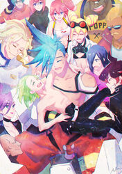  3girls ^_^ aina_ardebit az_rei biar_colossus blue_hair closed_eyes commentary_request cone_hair_bun everyone galo_thymos green_hair gueira hair_bun heris_ardebit highres ignis_ex kray_foresight laughing lio_fotia lucia_fex male_focus matoi_tech mecha meis_(promare) multiple_boys multiple_girls promare remi_puguna robot spiked_hair torn_sleeve varys_truss vinny_(promare) vulcan_haestus 