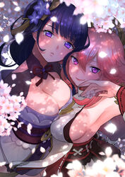  2girls armpits blunt_bangs breast_press breasts closed_mouth commentary flower genshin_impact hair_between_eyes hair_ornament highres japanese_clothes kalua kimono large_breasts long_hair looking_at_viewer medium_breasts mole mole_under_eye multiple_girls pink_hair purple_eyes purple_hair raiden_shogun shade sideboob smile upper_body yae_miko 