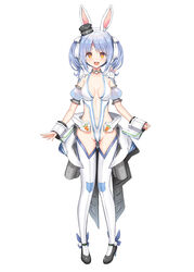  absurdres alternate_costume animal_ears blue_hair breasts choker cleavage female highres hololive looking_at_viewer medium_breasts navel open_mouth orange_eyes pekomon_(usada_pekora) rabbit_ears rabbit_girl revealing_clothes shiny_skin short_eyebrows simple_background smile thick_eyebrows twintails uehiro usada_pekora virtual_youtuber white_background wrist_cuffs 