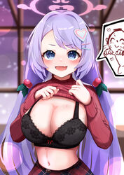  1boy :d absurdres black_bra blue_archive blue_eyes blush bra breasts chibi chibi_inset cleavage clothes_lift doodle_sensei_(blue_archive) female hair_intakes hair_ornament hairclip halo hanae_(blue_archive) hanae_(christmas)_(blue_archive) heart heart_hair_ornament highres holly_hair_ornament kuromiz lace lace_bra large_breasts long_hair navel oerba_yun_fang open_mouth purple_hair red_sweater ribbed_sweater sensei_(blue_archive) skin_fang smile solo_focus sweat sweater sweater_lift twintails underwear upper_body very_long_hair window 