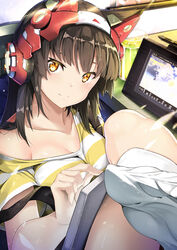  absurdres animal_ears blurry breasts brown_hair cat_ears cleavage closed_mouth collarbone commentary_request cup depth_of_field drinking_glass female foreshortening head_tilt headgear headphones highres ice ice_cube indoors knee_up leg_up lemonade light_rays long_hair looking_at_viewer medium_breasts off_shoulder original photoshop_(medium) shiny_skin shirt short_sleeves sidelocks sitting smile socks solo striped_clothes striped_shirt stylus table tablet_pc white_shirt white_socks yellow_eyes yellow_shirt zelitto 