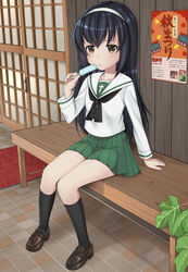  :t bad_id bad_pixiv_id bench black_hair black_neckerchief black_socks blouse brown_eyes brown_footwear closed_mouth commentary eating female food frown girls_und_panzer green_skirt hairband highres holding holding_food kneehighs light_blush loafers long_hair long_sleeves looking_at_viewer miniskirt neckerchief ooarai_school_uniform plant pleated_skirt popsicle reizei_mako ruruepa school_uniform serafuku shirt shoes shouji sitting skirt sliding_doors socks solo tile_floor tiles white_hairband white_shirt 