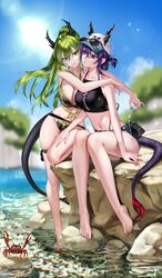  2girls absurdres arknights bare_legs barefoot baseball_cap bikini black_bikini blurry bottle breasts ch&#039;en_(arknights) closed_mouth crab day depth_of_field dragon_horns dragon_tail eyewear_on_headwear feet female_tourist_c_(arknights) full_body green_hair hair_between_eyes halterneck hand_on_another&#039;s_thigh hat highres holding holding_bottle horns horns_through_headwear legs lens_flare long_hair micro_shorts multiple_girls navel original outdoors ponytail pouring_onto_another purple_hair red_eyes ringeko-chan rock shorts sitting sitting_on_rock standing stomach sunglasses swimsuit tail thigh_strap toenails toes water 