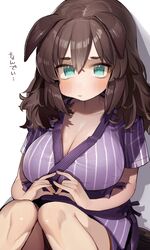  alternate_costume alternate_hairstyle animal_ears aqua_eyes blush breasts brown_hair cleavage ears_down female fox_shadow_puppet fox_shadow_puppet_kiss hair_down highres horse_ears horse_girl inari_one_(umamusume) japanese_clothes kimono large_breasts own_hands_together pout purple_kimono sitting solo tamukoro umamusume 