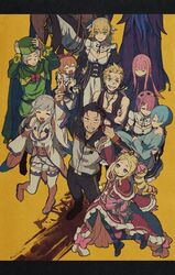  3boys 6+girls :d absurdres arm_up beatrice_(re:zero) black_dress black_hair blonde_hair blood blue_hair boots bow bow_hairband breasts brother_and_sister carrying cleavage clenched_teeth closed_eyes closed_mouth collarbone commentary_request crossed_arms dress drill_hair emilia_(re:zero) eyelashes frederica_baumann frills garfiel_tinsel green_eyes green_headwear grey_hair hair_ornament hair_ribbon hairband hat highres holding_another&#039;s_wrist iwamushi jacket jewelry letterboxed long_hair long_sleeves maid multiple_boys multiple_girls natsuki_subaru necklace open_mouth orange_background orange_hair otto_suewen pants pantyhose parted_lips patrasche_(re:zero) petra_leyte pink_bow pink_hair ram_(re:zero) re:zero_kara_hajimeru_isekai_seikatsu red_hairband red_ribbon rem_(re:zero) ribbon roswaal_mansion_maid_uniform ryuzu_meyer shoes short_hair siblings sidelocks simple_background sisters smile standing striped_clothes striped_pantyhose symbol-shaped_pupils teeth thighhighs track_jacket twin_drills 