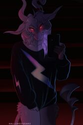  2020 24884_(hallowgen) 2:3 android anthro asymmetrical_horns blue_pupils claws clothed clothing clothing_pull curled_horn digital_media_(artwork) drude ears_outwards electronics english_text front_view hair hallowgen hi_res holding_object holding_phone horn light lightning_bolt long_sleeves looking_at_object looking_at_phone machine male perjury_(hallowgen) phone pivoted_ears pupils red_eyes robot scales scalie shaded signature simple_background solo spiked_tail spikes spikes_(anatomy) tail text trans_(lore) white_body white_hair 