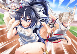  +_+ 4girls :&lt; =_= ahoge azur_lane black_hair blue_buruma blue_eyes blue_hair braid buruma closed_eyes closed_mouth commentary_request deutschland_(azur_lane) french_braid gym_shirt gym_uniform hair_between_eyes hair_ribbon heart heart_ahoge highres indianapolis_(azur_lane) kobayashi_tetsuya long_hair motion_lines multicolored_hair multiple_girls open_mouth photo_(object) platinum_blonde_hair ponytail portland_(azur_lane) race_bib ribbon running sheffield_(azur_lane) shirt short_hair sidelocks streaked_hair sweat symbol-shaped_pupils track_and_field very_long_hair wet wet_clothes white_hair yellow_eyes yoizuki_(azur_lane) yoizuki_(sports_festival_preparations)_(azur_lane) 