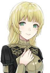  akina_(akn_646) blonde_hair closed_mouth epaulettes female fire_emblem fire_emblem:_three_houses garreg_mach_monastery_uniform green_eyes highres ingrid_brandl_galatea long_hair long_sleeves simple_background smile solo uniform upper_body white_background 