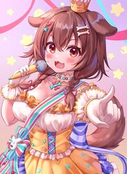  absurdres alternate_costume animal_ears bad_id bad_twitter_id blush bone_hair_ornament braid breasts brown_eyes brown_hair choker cleavage crown deaver dog_ears dog_girl dog_tail fangs female gloves hair_ornament hair_ribbon highres holding holding_microphone hololive inugami_korone inugami_korone_(saikyo_tensai_wonderful_world_of_korone) long_hair looking_at_viewer microphone official_alternate_costume open_mouth red_ribbon ribbon ribbon_braid saikyo_tensai_wonderful_world_of_korone solo tail twin_braids virtual_youtuber white_choker white_gloves 