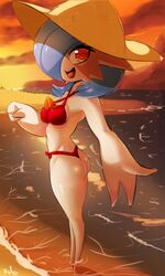  absurdres ass beach between_breasts bikini blue_hair blush breasts colored_skin commentary english_commentary female fir3born full_body gardevoir hair_over_one_eye hat highres looking_at_viewer ocean open_mouth orange_eyes orange_sky outdoors outstretched_arm pokemon pokemon_(creature) pov reaching reaching_towards_viewer red_bikini sky smile solo standing sunset swimsuit white_skin 