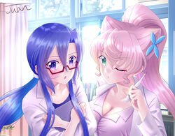  2girls blue_eyes blue_hair breasts cleavage collarbone dress_shirt floating_hair glasses green_eyes hair_between_eyes hair_intakes highres holding holding_thermometer juan_0121 kazanari_tsubasa lab_coat large_breasts long_hair long_sleeves looking_at_viewer maria_cadenzavna_eve multiple_girls one_eye_closed open_mouth parted_lips pink_hair red-framed_eyewear semi-rimless_eyewear senki_zesshou_symphogear shirt thermometer under-rim_eyewear upper_body very_long_hair white_shirt 