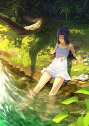  arm_support bare_arms bare_legs bare_shoulders barefoot breasts cleavage closed_eyes closed_mouth collarbone day dress female full_body grass highres leaning_back long_hair on_ground original outdoors photoshop_(medium) plant purple_hair rock shimotsuki_eight shore sleeveless sleeveless_dress small_breasts smile soaking_feet solo sundress very_long_hair water white_dress 