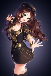  :d artist_name black_footwear black_hat black_skirt boots bracelet breasts brown_hair choker cleavage collarbone commentary_request dorothea_arnault female fire_emblem fire_emblem:_three_houses floating_hair garreg_mach_monastery_uniform green_eyes hat head_tilt high-waist_skirt highres jewelry long_hair looking_at_viewer medium_breasts miniskirt open_mouth outstretched_arm outstretched_hand pattikou skirt smile solo standing thigh_boots thighhighs very_long_hair zettai_ryouiki 