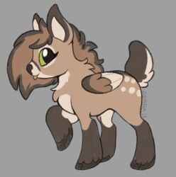  blep brown_body brown_hair brown_theme chibi digital_media_(artwork) feral full-length_portrait fur green_eyes grey_background hair hi_res hooves leg_markings markings nude peryton portrait quadruped side_view simple_background socks_(marking) solo symrea tongue tongue_out walking wings 