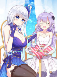  2girls ^_^ absurdres azur_lane bad_hands bare_shoulders black_legwear blue_butterfly blue_dress blue_eyes blue_flower blue_gloves blue_rose breasts bug butterfly cleavage closed_eyes criss-cross_halter cup dress evening_gown flower food garter_straps gloves hair_ribbon halter_dress halterneck highres illustrious_(azur_lane) illustrious_(never-ending_tea_party)_(azur_lane) lace-trimmed_legwear lace_trim large_breasts long_hair macaron mole mole_under_eye multiple_girls official_alternate_costume open_mouth purple_hair ribbon rose round_table ryakusun sitting sleeveless sleeveless_dress strapless strapless_dress table teacup thighhighs thighs tress_ribbon tri_tails unicorn_(azur_lane) white_dress white_gloves 